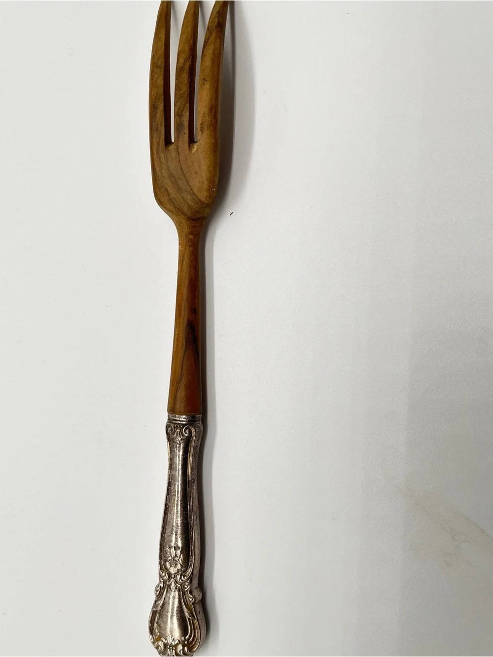 Vintage WEB wooden salad serving fork with ornate STERLING silver  handle.